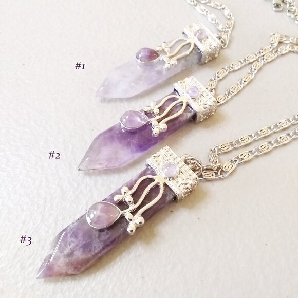 Utterly Feminine! Amethyst Bar Necklace with Ornate Stainless Steel Chain - Picture 7 of 12